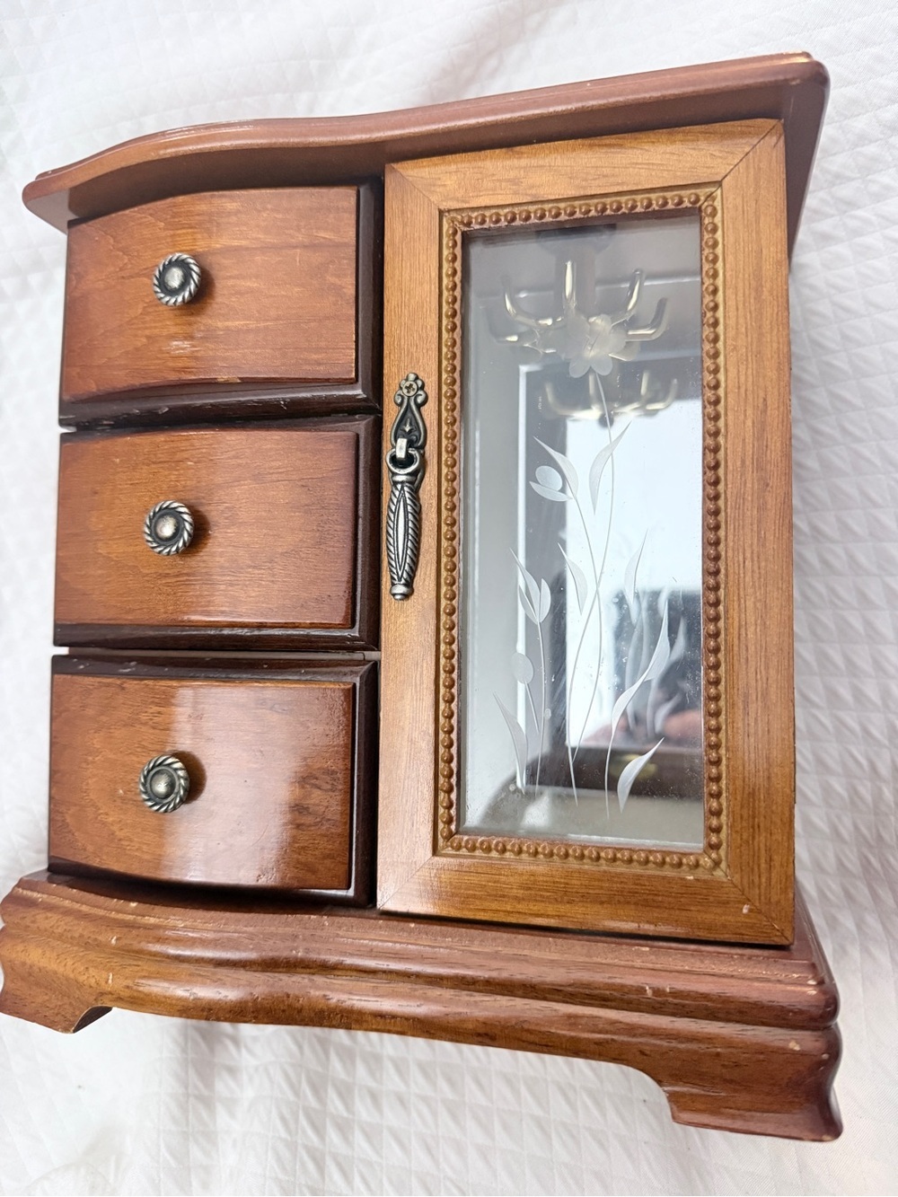 Vintage Mele 1976 Musical Jewelry Box, 3 Drawers & Etched Glass Door